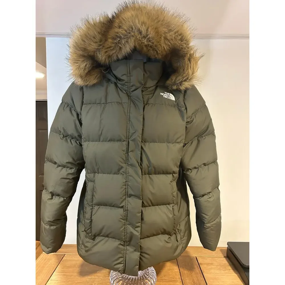 THE NORTH FACE XL Gotham Women's Khaki 550 Down Puffer Hooded Quilted Faux Fur - Picture 1 of 16